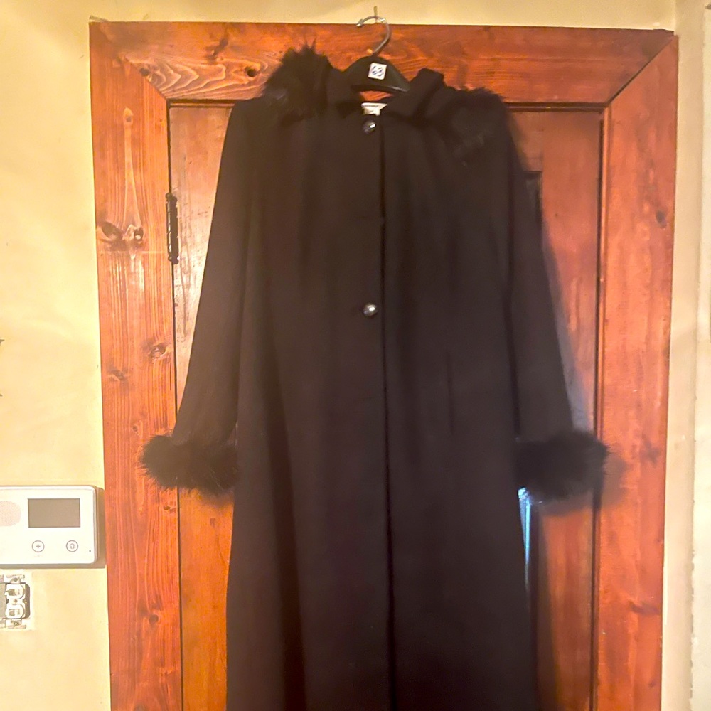 “Masseys” long lined, black, coat with detachable hood.